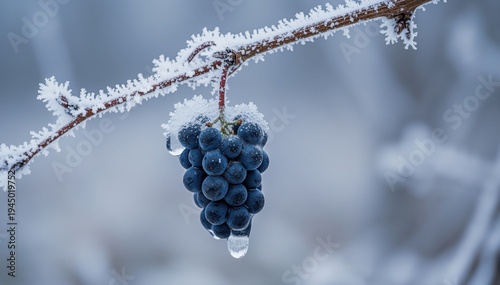 Frozen Vineyard: A single cluster of ripe grapes, adorned with glistening frost and delicate ice crystals, hangs suspended from a frosty branch against a soft, muted backdrop.