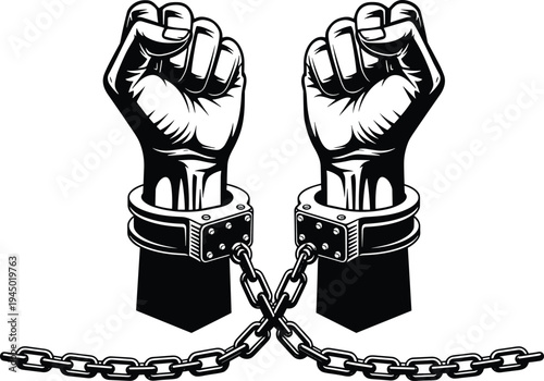 Freedom concept illustration, raised fists with broken chains, protest symbol, human rights activism, liberation revolution vector design