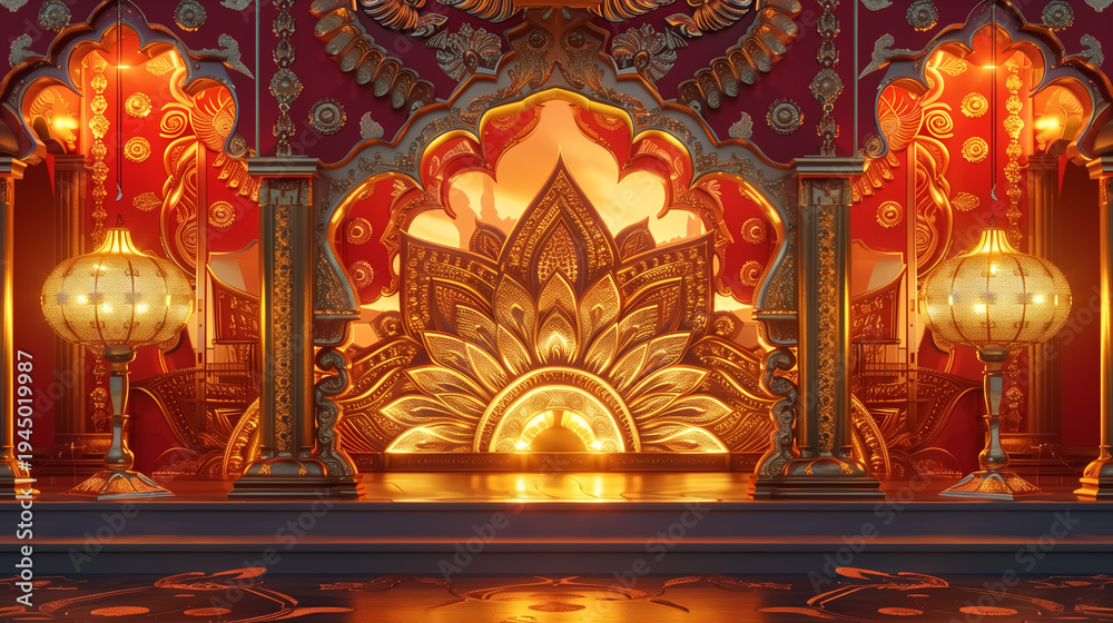 Fototapeta premium Luxurious Hindu temple interior with ornate golden arches, glowing lotus decorations, and rich red architectural details