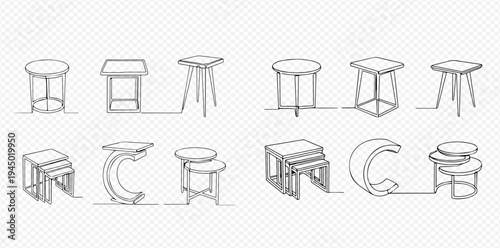 Set of continuous line drawing of various tables and stools, modern furniture vector art.
