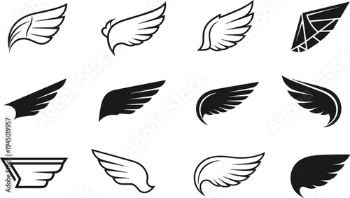 Wing icons set, bird wings silhouettes, angel wings collection, flying symbol elements, abstract feather logo vector illustration