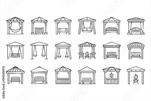 Outdoor garden gazebo line icons for patio park and relaxation spaces
