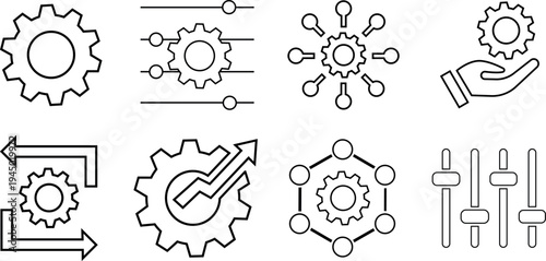 A collection of gear and mechanism related icons and symbols