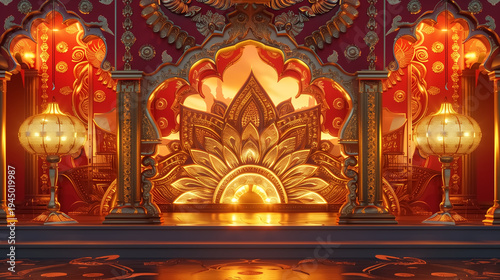 Luxurious Hindu temple interior with ornate golden arches, glowing lotus decorations, and rich red architectural details