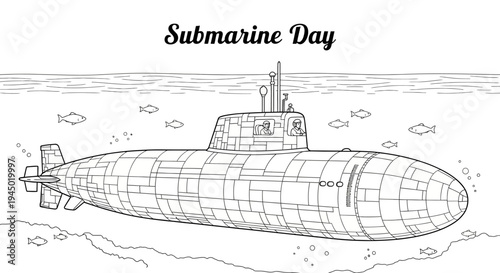A detailed line drawing of a submarine underwater with fish, labeled 'Submarine Day' above, in a simple yet technical illustration style with a clean white background.