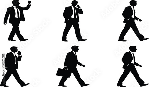 Collection of professional businessman silhouettes walking and talking on phone carrying briefcase in formal suits, cad drawing flat vector illustration, corporate worker icons