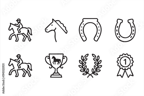 Equestrian sport symbol set featuring horse head rider and championship award