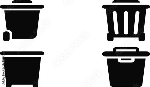 Collection of various trash bin icons including waste containers with wheels and recycle basket silhouettes, cad drawing flat vector illustration, sanitation equipment set