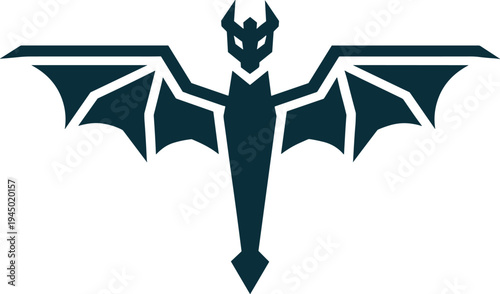 Minimalist dark dragon silhouette icon with spread wings and sharp geometric details for fantasy branding, cad drawing flat vector illustration, mythical creature symbol