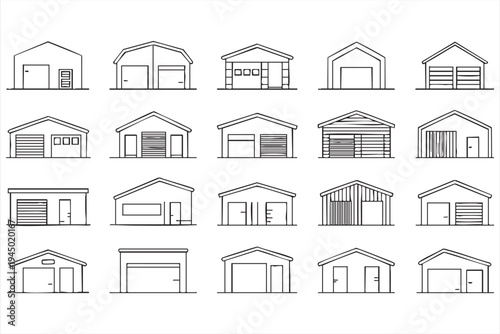 Garage and warehouse building outline icon set for storage and construction design