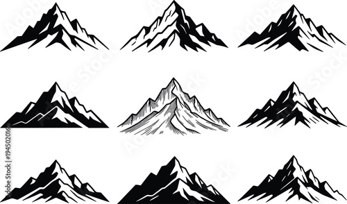 Collection of various mountain peak silhouettes and rocky ridge icons for outdoor adventure logos, cad drawing flat vector illustration, nature landscape elements set