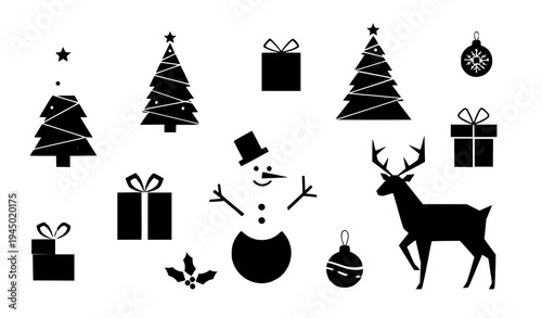 Abstract geometric Christmas element set minimalist holiday icons tree snowman deer gifts vector