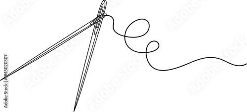 Sewing needle with thread line art tailoring tool stitch embroidery craft fashion repair textile handwork vector illustration