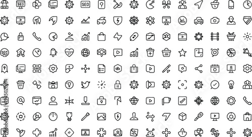 Set of 100 line icons vector, black and white, business and technology symbols