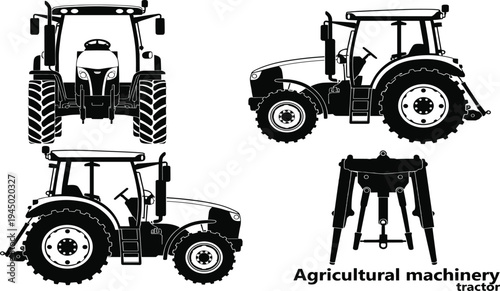 PrintCollection of agricultural machinery tractor silhouettes from different angles including side and front views, cad drawing flat vector illustration, farm equipment icons