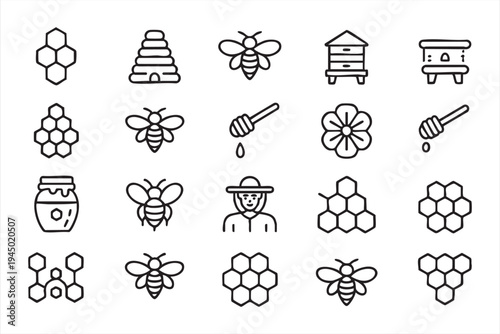 Apiculture symbol set featuring honeycomb beekeeper hive and flying bee icons