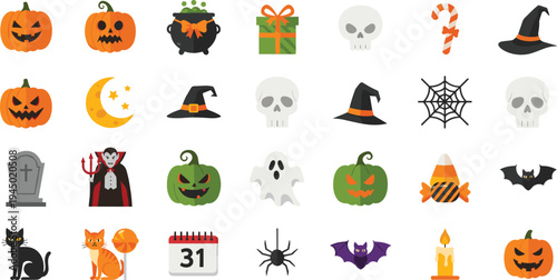 Halloween icon collection pumpkins ghosts bats witch hats skulls candy corn spiders black cats vampire moon web grave cauldron set