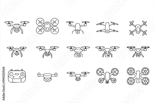 Minimal drone and quadcopter icons collection for aerial photography and aviation