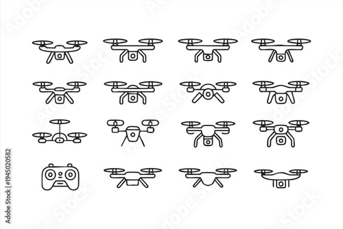 UAV drone vector icon pack with remote controller and flying quadcopters