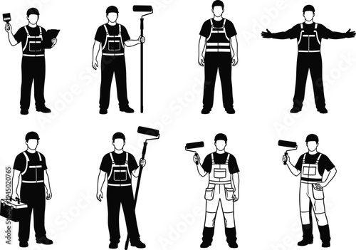 Black, and, white, silhouettes, of, professional, house, painters, and, decorators, standing, with, paint, rollers, brushes, and, toolboxes, isolated, on, white, background, flat, vector, illustration