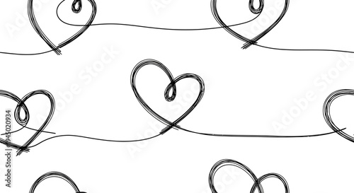 Seamless black heart line pattern on a white background abstract love design