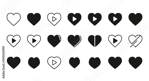 Set of heart and play icons in various styles for digital media design