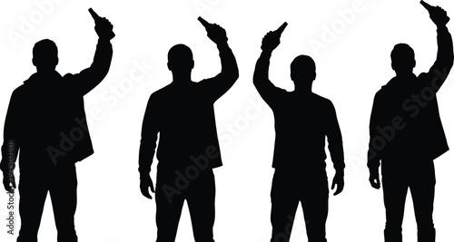 Black, silhouettes, of, a, group, of, men, standing, and, holding, glass, beer, bottles, high, in, a, celebration, toast, isolated, on, white, background, vector