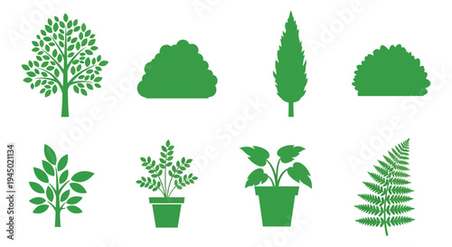 A collection of vibrant green tree and plant shapes depicted as flat silhouettes high quality professional