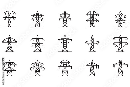 Electricity transmission tower icon set for power grid and energy infrastructure