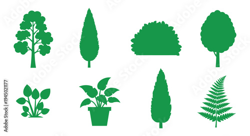 A collection of green tree and plant shapes depicted in a flat dark silhouette high quality