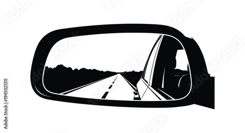 A highway stretches into the distance reflected in a car s side mirror silhouette high quality professional