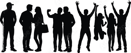 Black, silhouettes, of, diverse, men, and, women, standing, talking, taking, selfies, and, jumping, for, joy, isolated, on, white, background, flat, vector, illustration, set