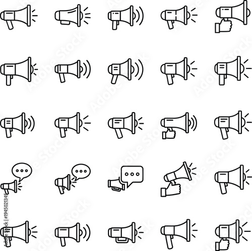 Outline vector icons of megaphones and bullhorns. Marketing, announcement, broadcasting, and communication concepts with speech bubbles and hands in minimalist line art style.