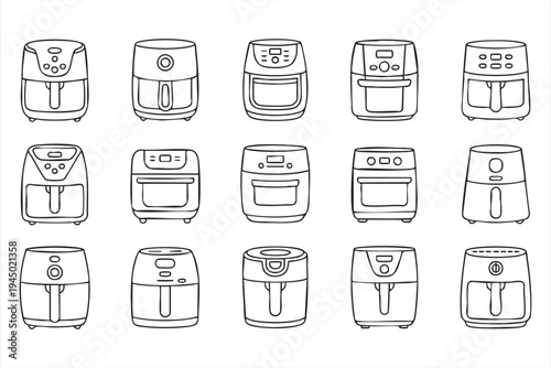Minimal air fryer and countertop oven icons collection for kitchen technology