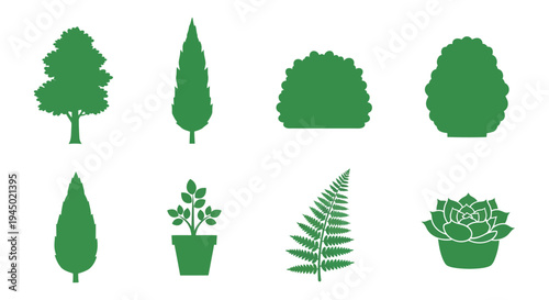 A collection of various green plant life forms presented as dark shapes silhouette high quality professional