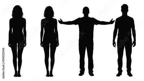 Silhouette of four individuals standing in a line with one person in the middle appearing to connect or separate the other three