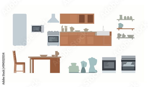 Modern kitchen furniture and household appliances vector collection isolated on white background