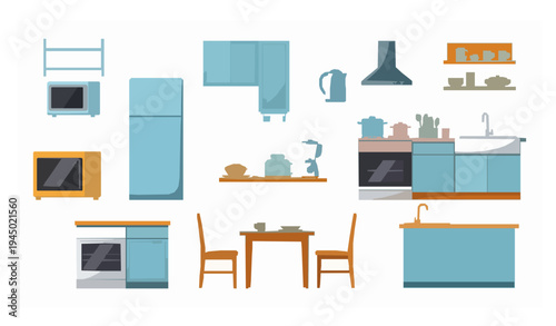 Kitchen appliances and furniture flat vector set arranged in circular layout isolated on white