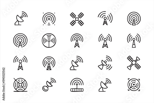Satellite and antenna line icons for telecom interfaces, wireless network dashboards and connectivity systems