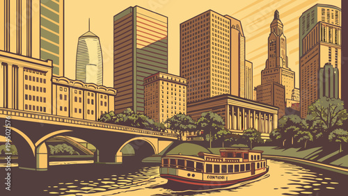 Urban cityscape scene with vintage architecture high rise buildings and river boat cruising beneath a stone bridge houston skyline vector