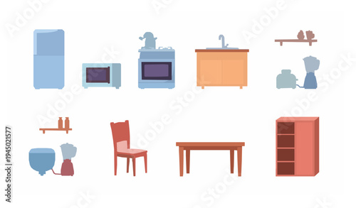 Household kitchen furniture and appliances cartoon vector collection isolated on white background