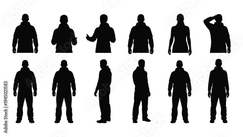 Collection of diverse human silhouettes in various poses and attire