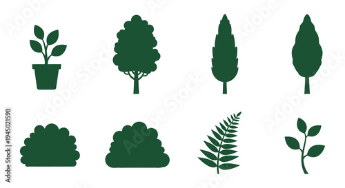A collection of dark green trees and shrubs presented as flat stylized silhouettes high quality professional