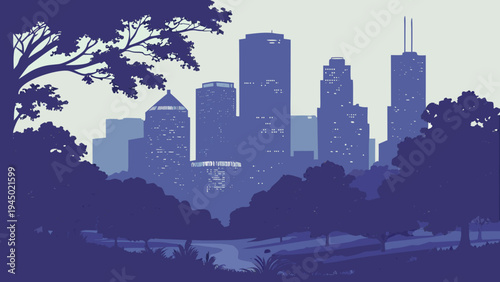 Urban Skyline View Through Dark Park Trees Silhouette Twilight Atmosphere Minimalist Cityscape Scenery houston skyline vector
