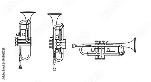 Detailed line art illustration of three trumpets in varying perspectives showcasing musical instruments silhouette high quality