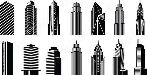 Black skyscraper building silhouettes and city skyline architecture icons set including modern high rise towers for urban real estate design projects.