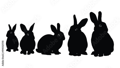 A group of five rabbits silhouettes in a row on a white background illustration