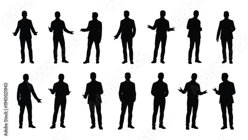 Collection of diverse black silhouettes of men in various standing positions and gestures