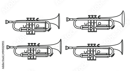 Four detailed illustrations of trumpets displayed in a simple monochromatic outline silhouette high quality professional modern