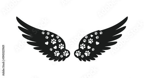 A pair of black wings adorned with paw prints creates a striking visual silhouette high quality